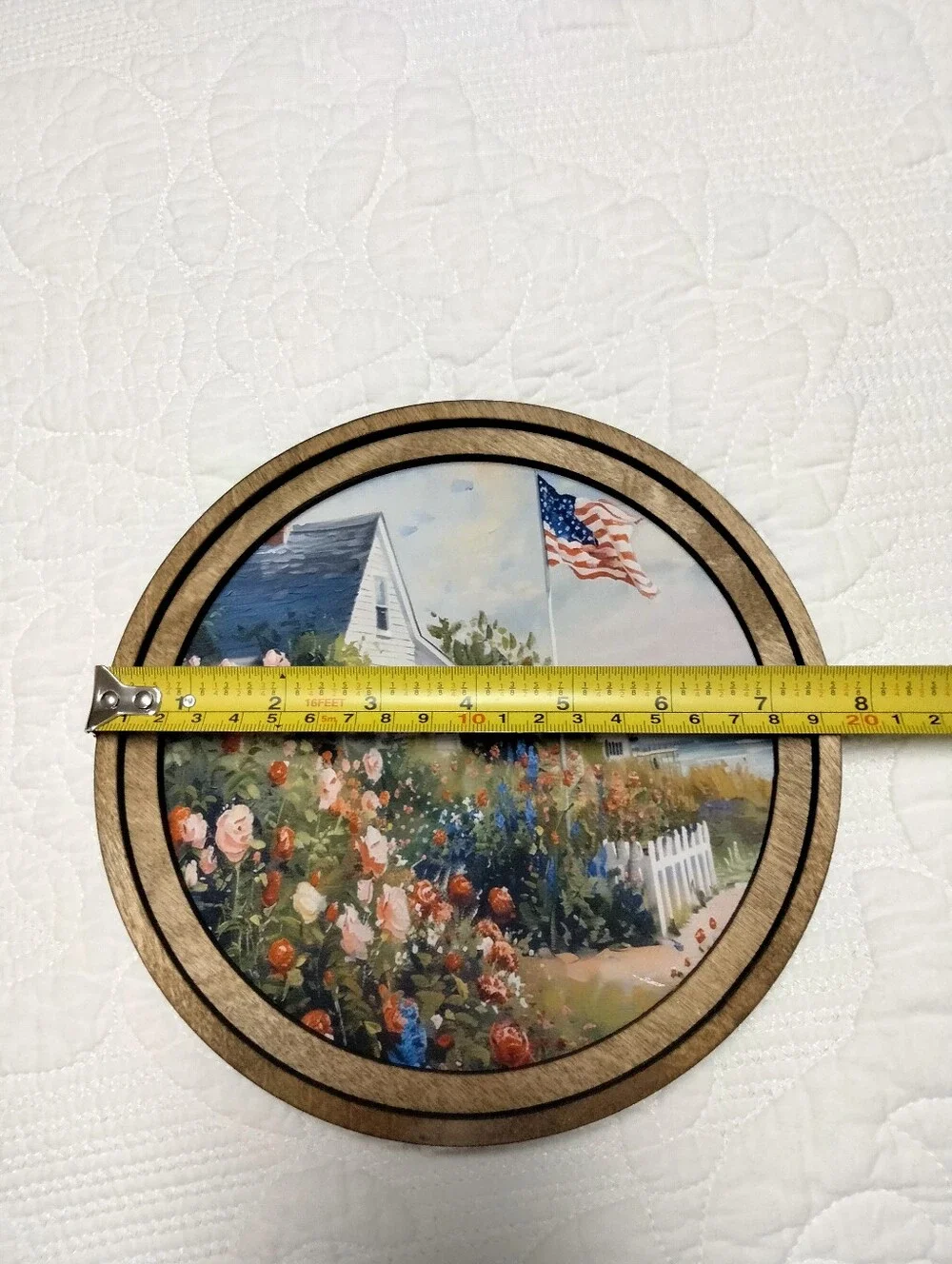 Coastal Cottage Floral Wood Wall Art with American Flag